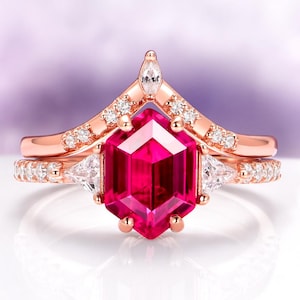 Hexagon Ruby Ring Set For Women- 14K Rose Gold Vermeil Gemstone Engagement Ring Dainty Promise Ring July Birthstone Anniversary Gift For Her