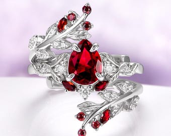 Wisteria Natural Garnet Ring Set- 925 Sterling Silver Pear Cut Leaf Engagement Ring Set- Unique Red Promise Ring- Anniversary Gift For Her