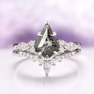 Galaxy Raw Salt and Pepper Diamond Ring- Kite Cut Diamond Engagement Ring Sets- Unique Bridal Geometric Diamond Promise Ring Sterling Silver