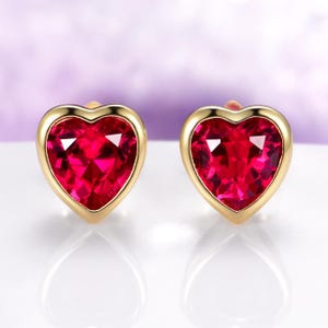 Heart Ruby Stud Earrings in 14K Gold Vermeil- Bezel Lab Grown Ruby Studs- July Birthstone Jewelry- Anniversary Birthday Gift For Her