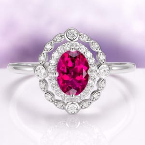 Art Deco Ruby Engagement Ring in 925 Sterling Silver- Lab Grown Oval Cut Unique Ruby Promise Ring- July Birthstone Anniversary Gift For Her