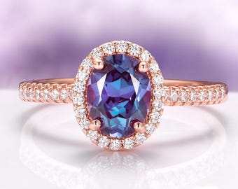 Bague alexandrite ovale en or vermeil rose 14 carats - Bague de fiançailles avec pierres précieuses uniques - Bague de promesse - Pierre de naissance de juin - Cadeau d'anniversaire pour elle