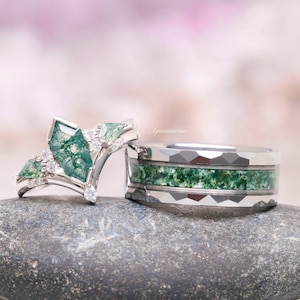 Coffin Kite Green Moss Agate Ring Couples Ring Set- His and Hers Wedding Band- 925 Sterling Silver & Tungsten Matching Nature Promise Ring