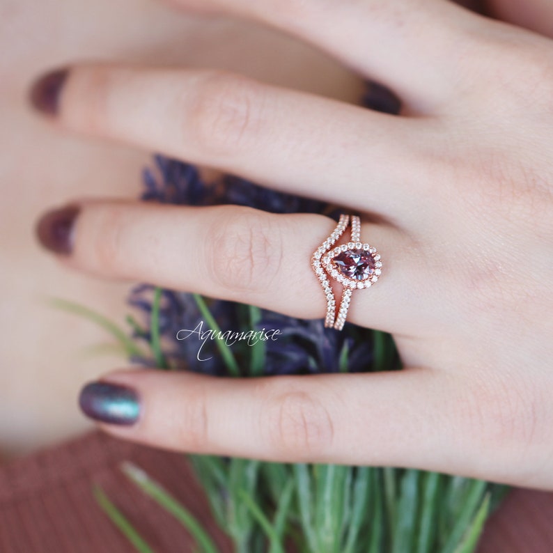 Promise Ring Color Changing Stone Gift For Her June Birthstone Engagement Ring 14K Rose Gold Vermeil Ring Teardrop Alexandrite Ring