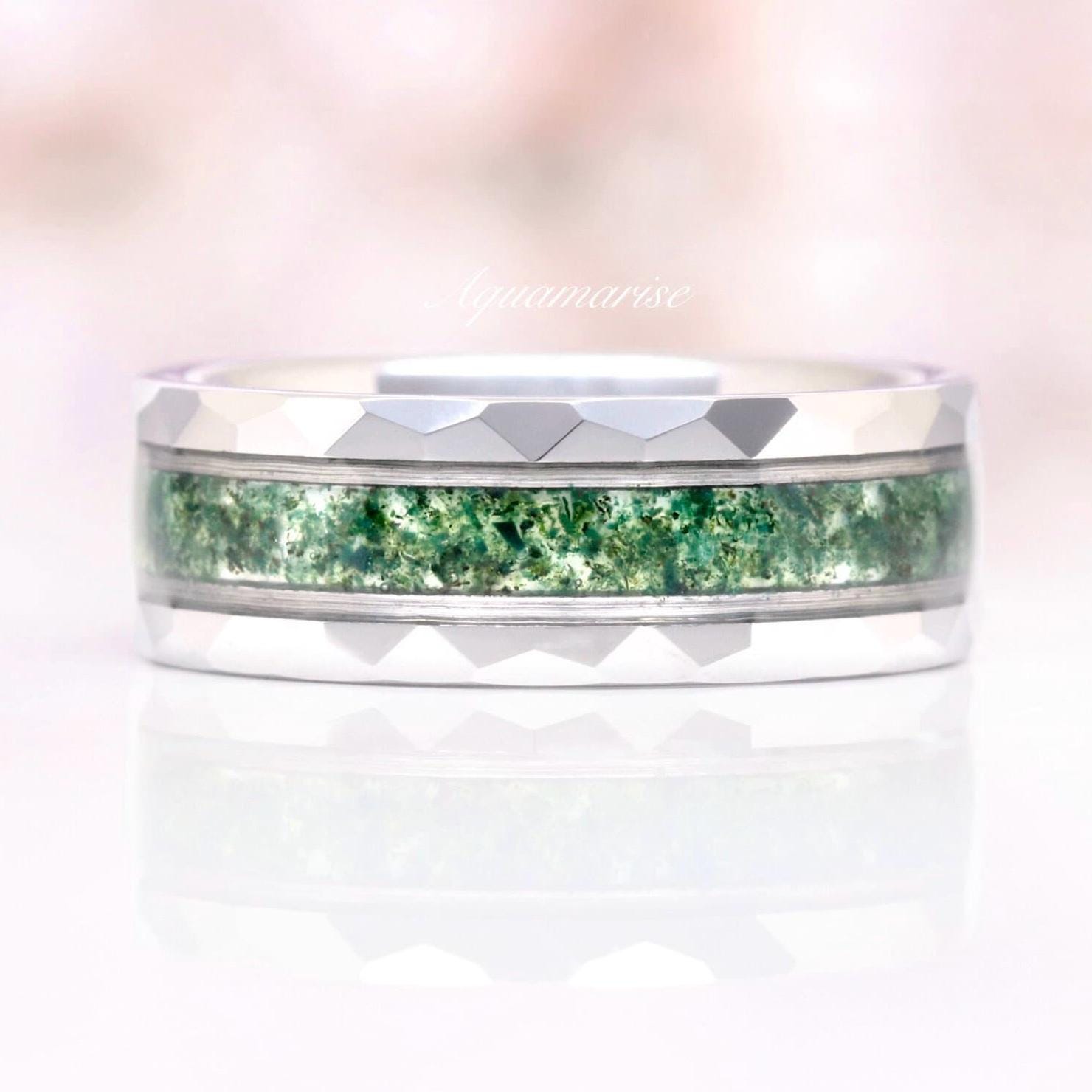 Emerald Cut Moss Agate Ring: Handmade 925 Sterling Silver Men's Ring, Wedding Band