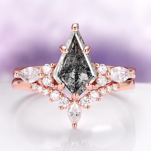 Galaxy Raw Salt & Pepper Diamond Ring for Women– Unique Kite Diamond Engagement Ring– Geometric Bridal Promise Ring in 14K Rose Gold Vermeil