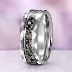 Rutilated Quartz Hammered Men's Wedding Band- Natural Crushed Quartz Silver Tungsten 8mm Wedding Band Polished Comfort Fit Ring Gift For Him