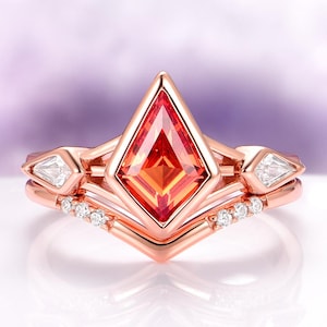 Padparadscha Sapphire Ring Set in 14K Rose Gold Vermeil Kite Cut Lab Grown Sapphire Unique Engagement Ring Promise Ring September Birthstone