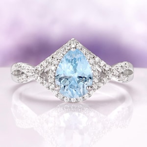 Aquamarine Engagement Ring in 925 Sterling Silver Teardrop Halo Twisted Vine Promise Ring March Birthstone Anniversary Birthday Gift For Her