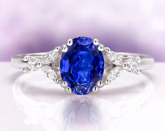 Sapphire Engagement Ring Lab Grown Blue Oval Cut Vintage Sterling Silver Promise Ring