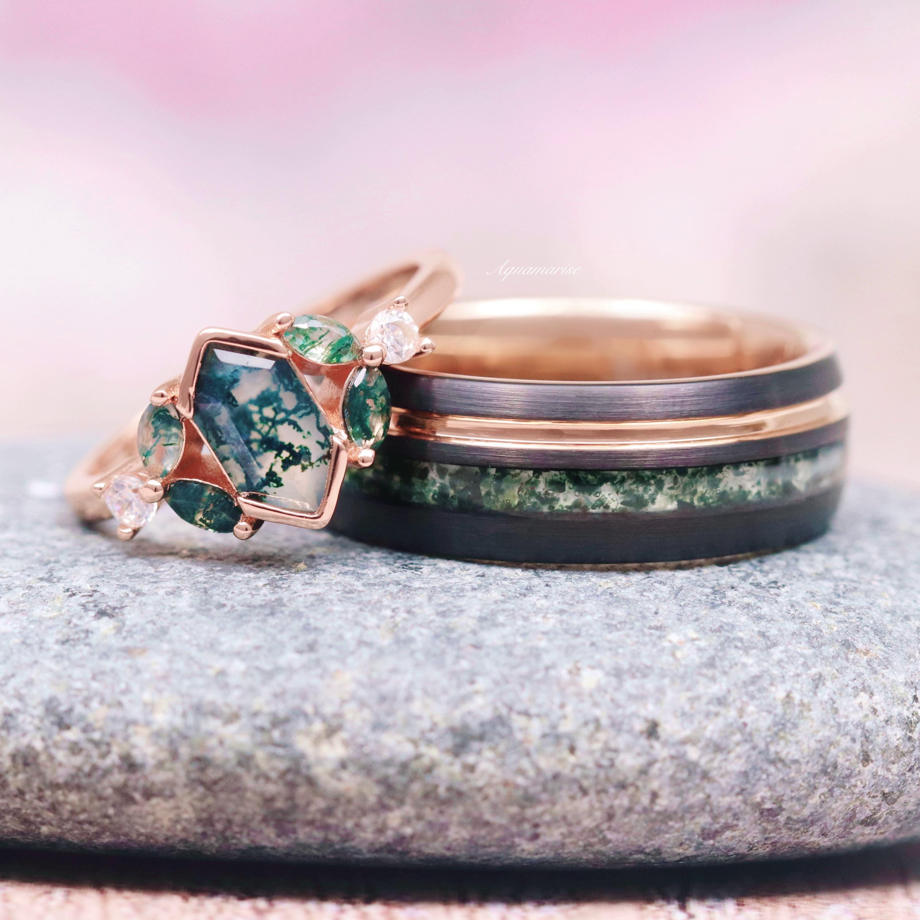 Green Moss Agate Couples Ring Set- His and Hers Nature