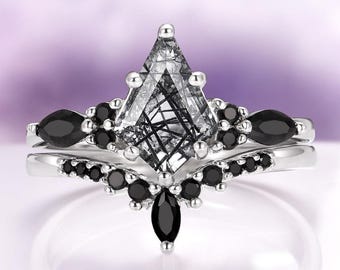 Rutilated Quartz Engagement Ring Set Black Onyx Band Skye Kite® Sterling Silver Gothic