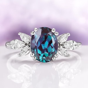 Oval Alexandrite Lotus Ring in 925 Sterling Silver – Vintage Flower Engagement Ring, June Birthstone Promise Ring, Anniversary Gift for Her