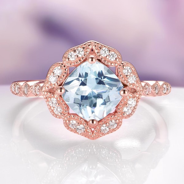 Aquamarine Engagement Ring Simulated Cushion Cut Art Deco 14K Rose Gold Vermeil