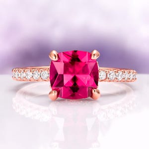 Cushion Cut Ruby Ring- 14K Rose Gold Vermeil Ring- Lab Grown Ruby Engagement Ring- Promise Ring- July Birthstone- Anniversary Gift For Her