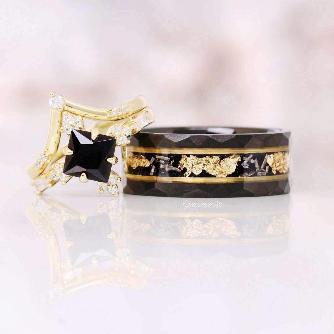 Black Onyx & Meteorite Gold Leaf Couples Ring- His and Hers