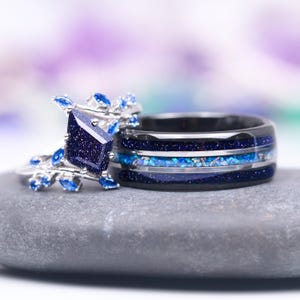Starry Night Fire Opal Leaf Couples Ring Set- Galaxy Sandstone His and Hers Wedding Bands- Cosmic Matching Rings- Sterling Silver/Tungsten