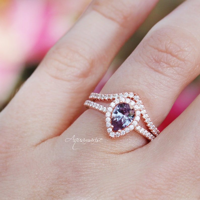 Promise Ring Color Changing Stone Gift For Her June Birthstone Engagement Ring 14K Rose Gold Vermeil Ring Teardrop Alexandrite Ring