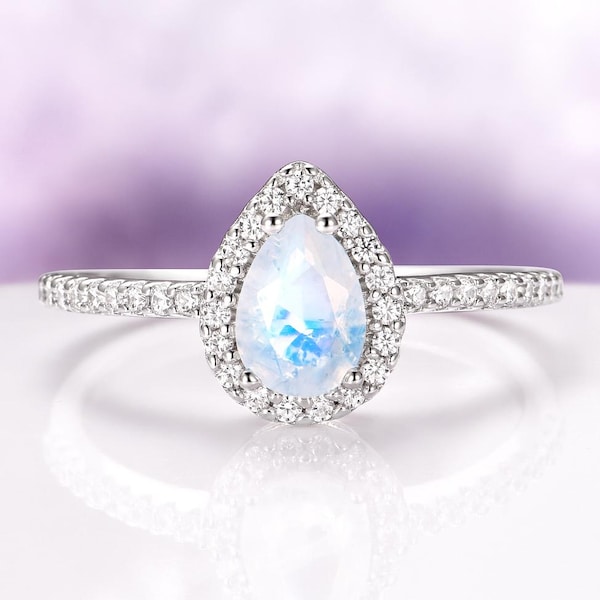 Natural Moonstone Ring in 925 Sterling Silver- Teardrop Pear Engagement Ring- Dainty Promise Ring- June Birthstone- Anniversary Gift For Her