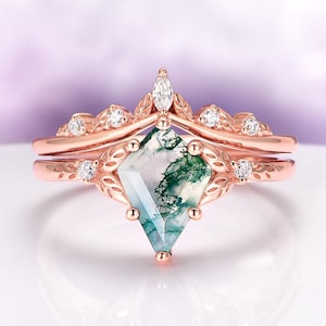 Moss Agate Engagement Ring Set 14K Rose Gold Vermeil Kite Cut Leaf Band