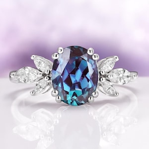 Oval Alexandrite Ringing 925 Sterling Silver- Vintage Flower Engagement Ring- Lotus Promise Ring - June Birthstone- Anniversary Gift For Her