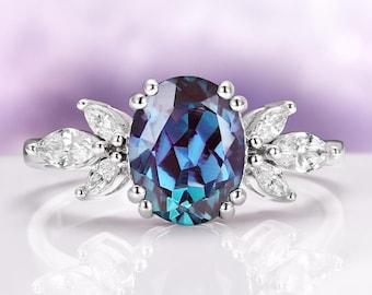 Oval Alexandrite Ringing 925 Sterling Silver- Vintage Flower Engagement Ring- Lotus Promise Ring - June Birthstone- Anniversary Gift For Her
