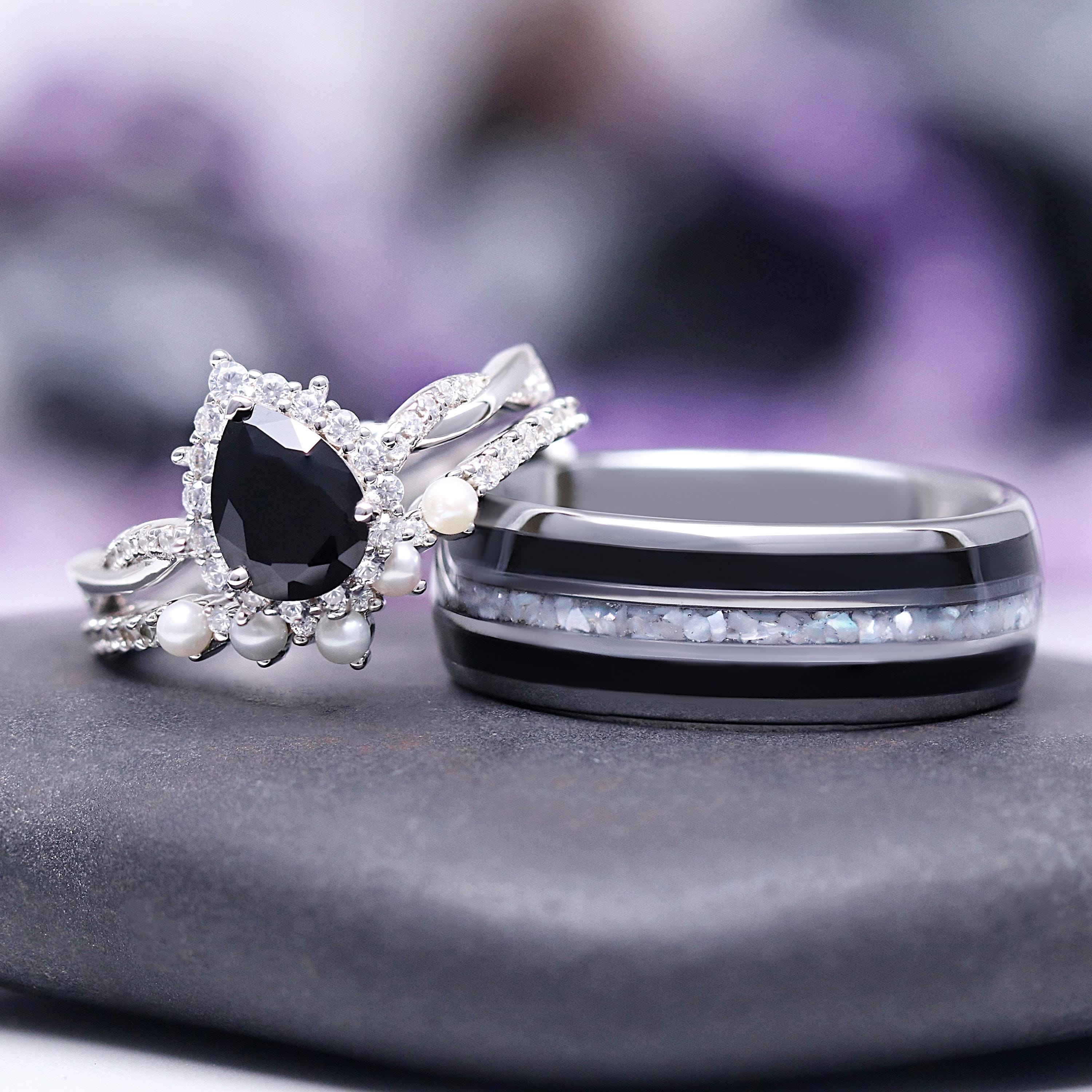 Briar Black Onyx and Pearl Couples Ring Set- His and Hers Black