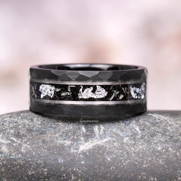 Starry Night & Meteorite Men's Wedding Band- Hammered Two Tone Black Silver Accent Tungsten 8mm Mens Wedding Ring Unique Rings- Gift For Him