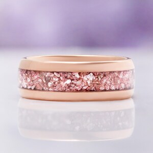 Morganite Mens Wedding Band Rose Gold Tungsten 8mm Crushed Pink Stone Inlay image 7