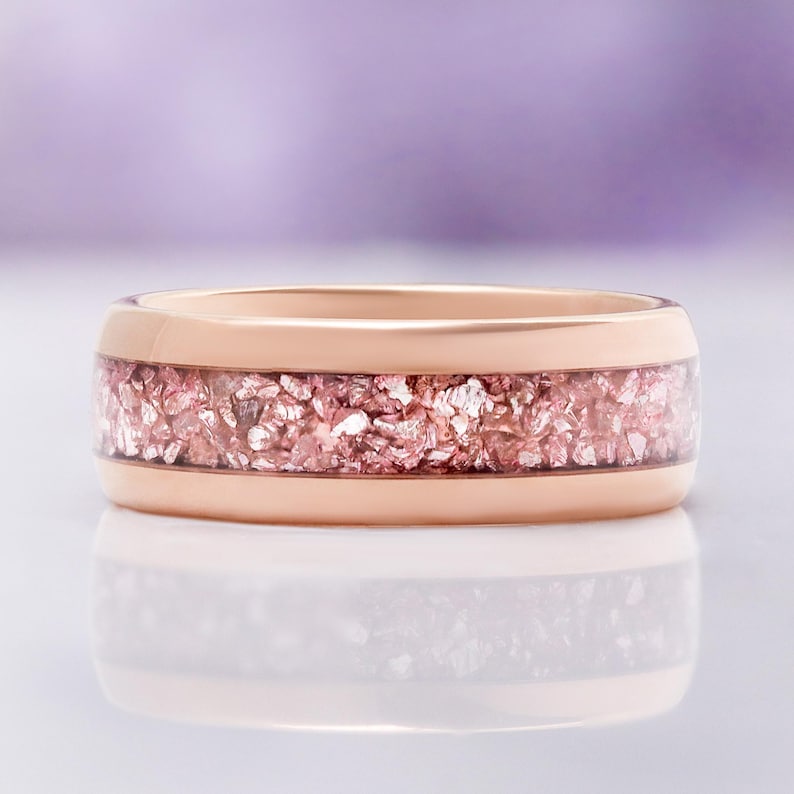 Morganite Mens Wedding Band Rose Gold Tungsten 8mm Crushed Pink Stone Inlay image 7