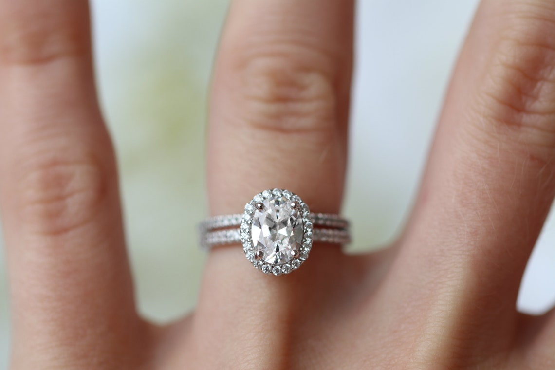 Oval Diamond Engagement Ring in 925 Sterling Silver- Dainty Halo ...