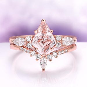 Morganite Engagement Ring Set Lab Created Skye Kite® 14K Rose Gold Vermeil Art Deco