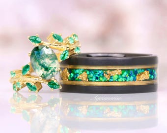 Green Moss Agate Fire Opal Gold Leaf Ring Set- His and Hers Wedding Band- Gold Ring Set- Matching Nature Couples Unique Vintage Promise Ring