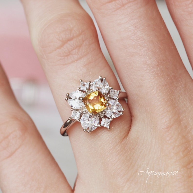 Gift ForHer Anniversary Birthday Gift Engagement Ring Promise Ring November Birthstone Sterling Silver Ring Floral Natural Citrine Ring