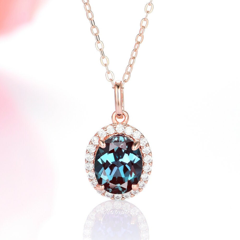 Halo Oval Alexandrite & Diamond Necklace- 14K Solid Rose Gold Necklace Genuine Teal Purple Alexandrite Color Changing Stone June Birthstone