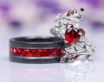 Natural Red Garnet Wisteria Leaf Couples Ring Set- His and Hers