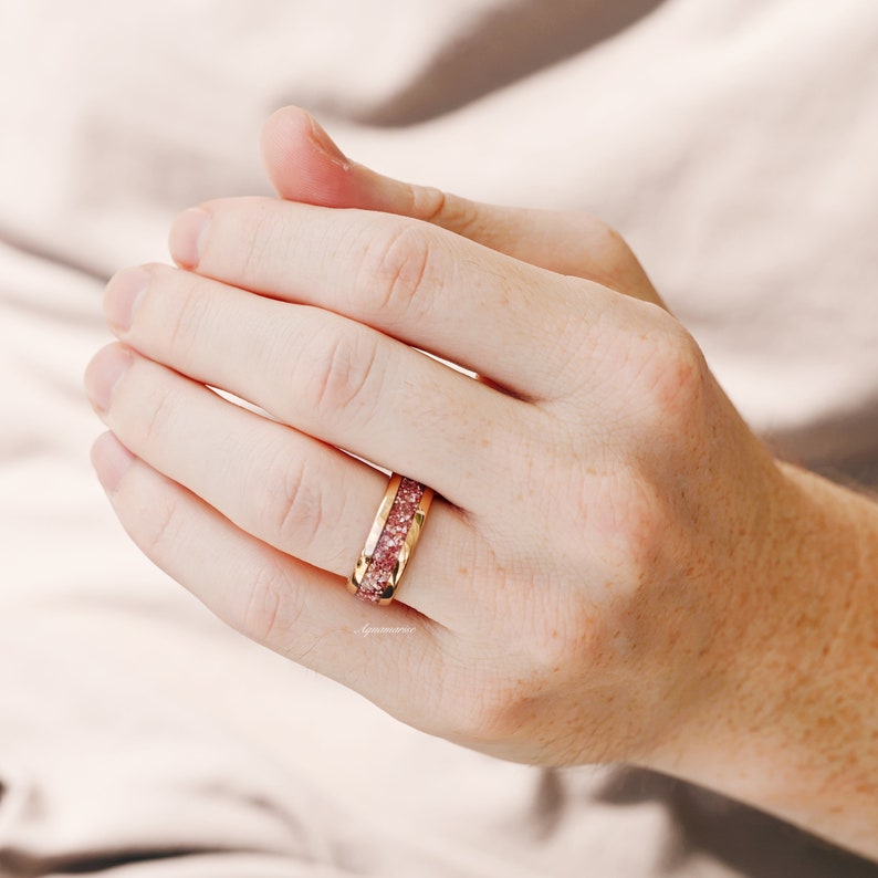 Morganite Mens Wedding Band Rose Gold Tungsten 8mm Crushed Pink Stone Inlay image 3