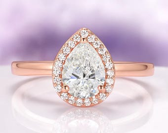 Teardrop Diamond Engagement Ring in 14K Rose Gold Vermeil- Pear Cut Art Deco Promise Ring- Wedding Ring Set- April Birthstone- Gift For Her
