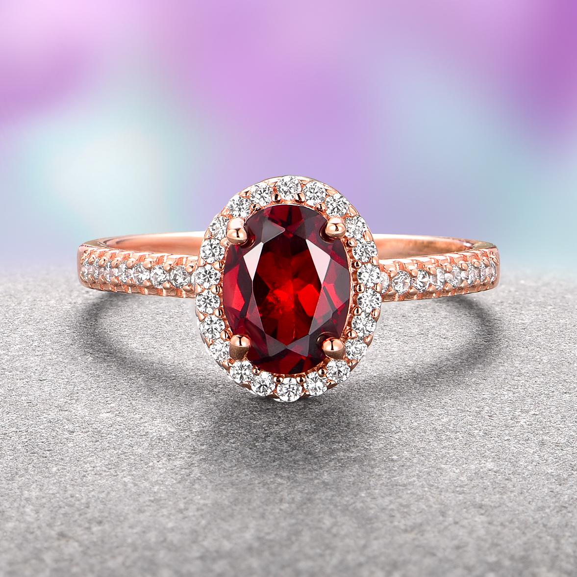 Natural Red Garnet Ring- 14K Rose Gold Vermeil Halo Oval Engagement or Promise Ring For Women- January Birthstone- Anniversary Gift For Her