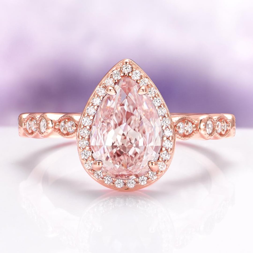 14K Solid Rose Gold Teardrop Morganite Engagement Ring- Unique