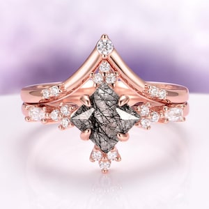 Rutilated Quartz Ring Set Black Princess Cut Engagement Ring 14K Rose Gold Vermeil
