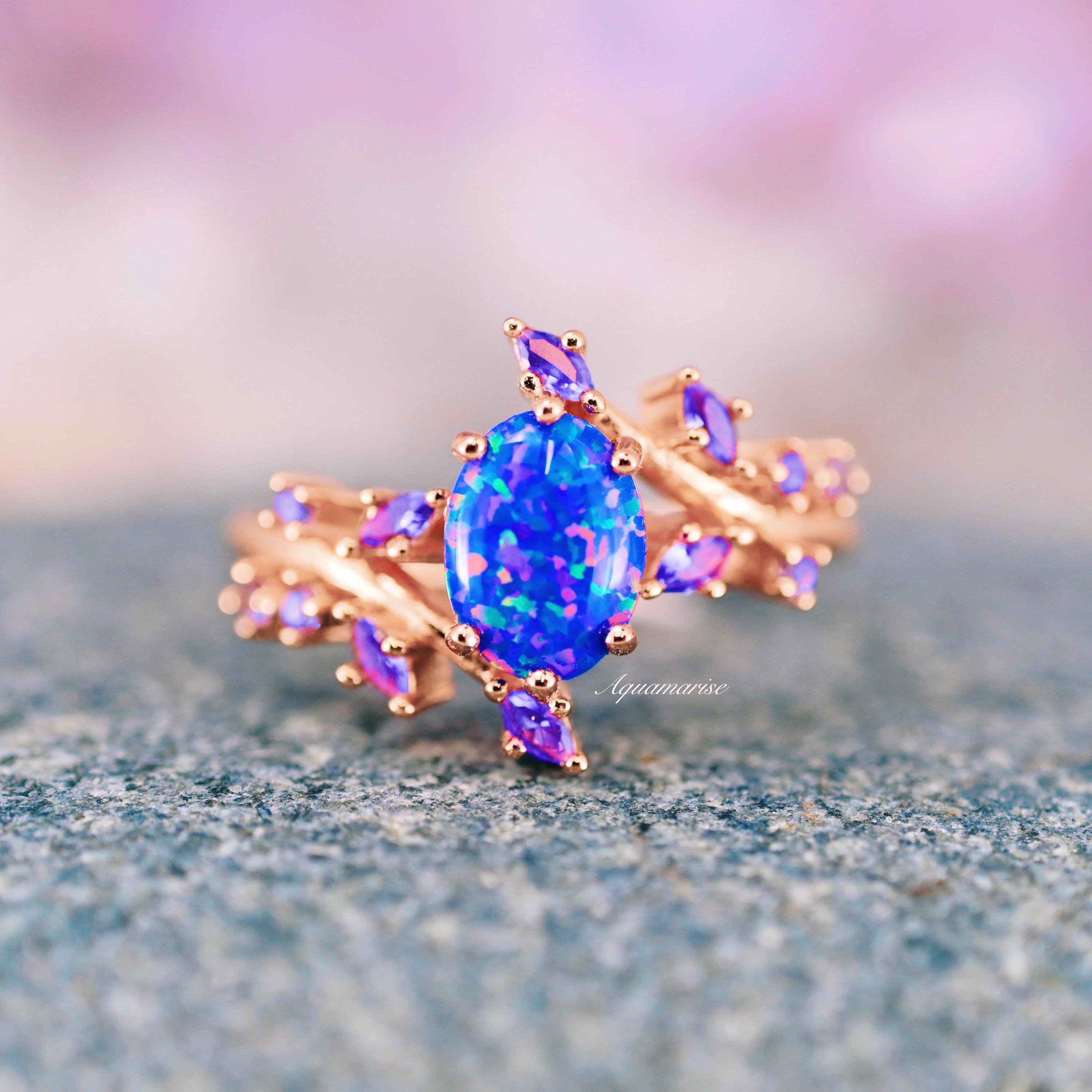 Starry Night Fire Opal & Cornflower Sapphire Engagement Ring For Women- 14K Rose Gold Vermeil Van Gogh Leaf Ring For Her Unique Promise Ring