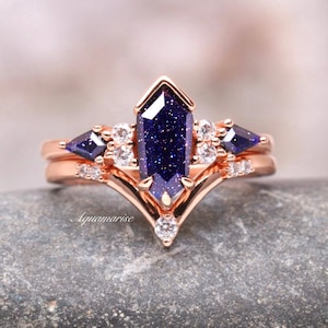 Coffin Kite Galaxy Sandstone Ring- 14K Rose Gold Vermeil Unique Goldstone Engagement Ring Set- Unique Promise Ring For Her Orion Nebula Ring