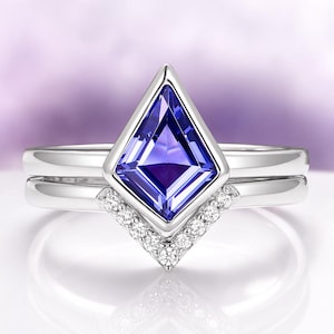 Simulated Tanzanite Engagement Ring Set Kite Cut Bezel Sterling Silver Stacking Rings