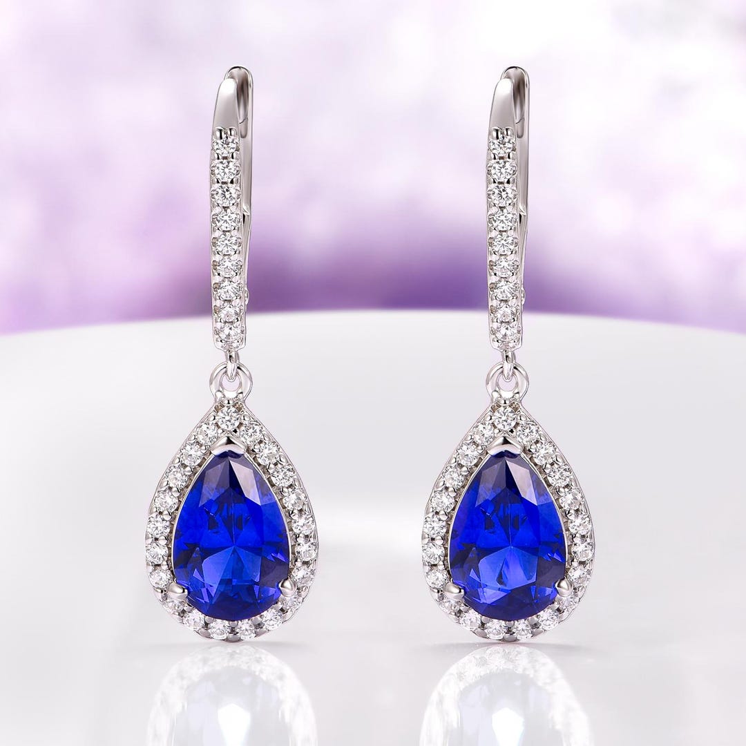 Teardrop Sapphire Dangle Earrings in Sterling Silver- Royal Blue