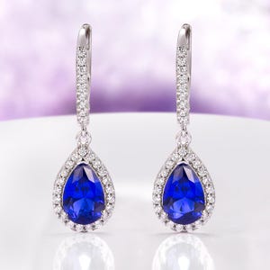Teardrop Sapphire Dangle Earrings in Sterling Silver- Royal Blue Dainty Sapphire Bridal Drop Earrings- Birthday or Anniversary Gift For Her