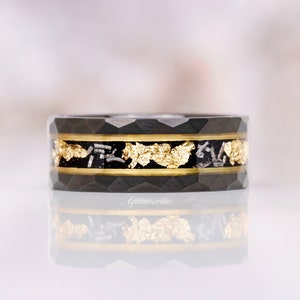 Meteorite Gold Leaf Men's Ring- Hammered Two Tone Black Gold Accent Tungsten 8mm Mens Wedding Band Unique Real Meteorite Ring- Gift For Him