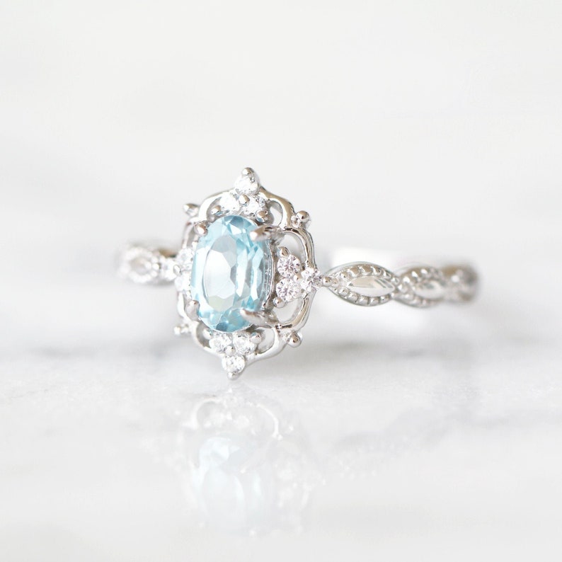 Vintage Aquamarine Ring- Art Deco Ring- Genuine Sterling Silver-March Birthstone- Engagement Promise Ring-Anniversary Gift For Her 