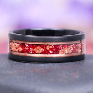 Rose Gold Leaf Ruby Ring- Black and Rose Gold Two Tone Mens Wedding Band- Unique Gemstone Crushed Red Ruby Ring- Brushed Black Tungsten Ring