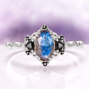 Esme Labradorite & Black Diamond Ring- 925 Sterling Silver Vintage Engagement Ring- Unique Fantasy Promise Ring- Anniversary Gift For Her